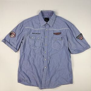 Dragonfly Mens Y2K Patched AOP Button Down Shirt Blue Stripe Pearl Snap‎ Size L